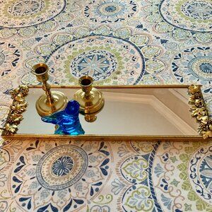 Vintage Quiet Luxury Ornate Intricate Engraved Gold Mirrored Vanity Dresser Tray
